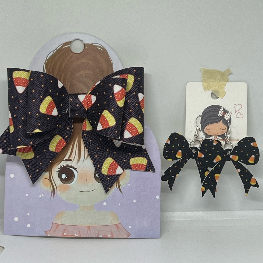 Halloween Candy Corn Matching Hair Bow Earrings Mommy and Me